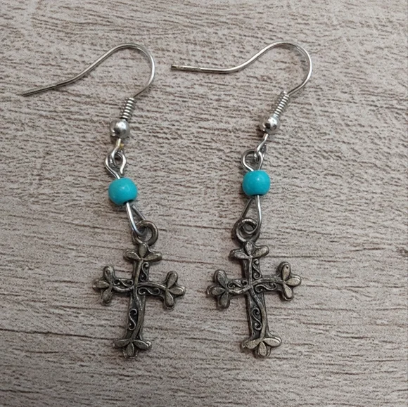 Silver Boho Turquoise Cross Drop Earrings - Picture 2 of 3